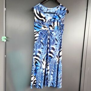 EUC ANIMAL PRINT BLUE/BLACK/WHITE SLEEVELESS MIDI DRESS - SIZE MEDIUM